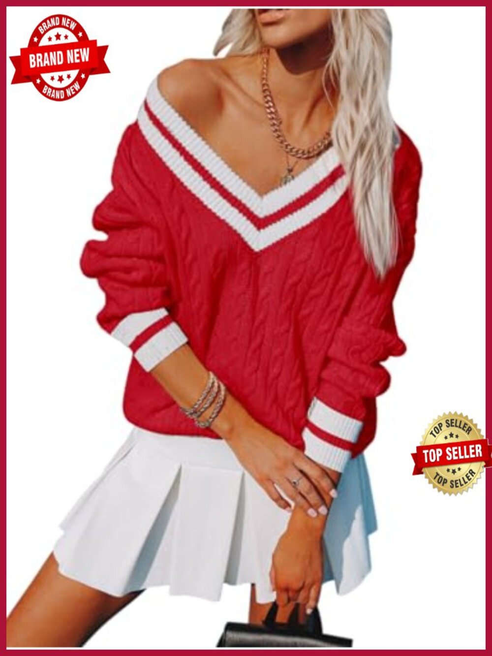 V Neck Oversized Cable Knit Striped Chunky Sweater Tunic Pullover
